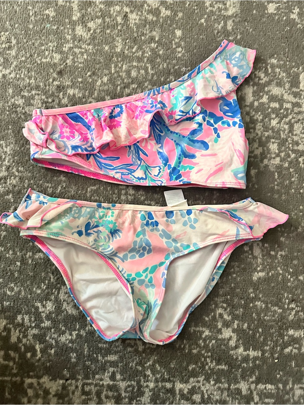Lilly Pulitzer Pink Blue Floral Ruffle One-Shoulder Bikini
